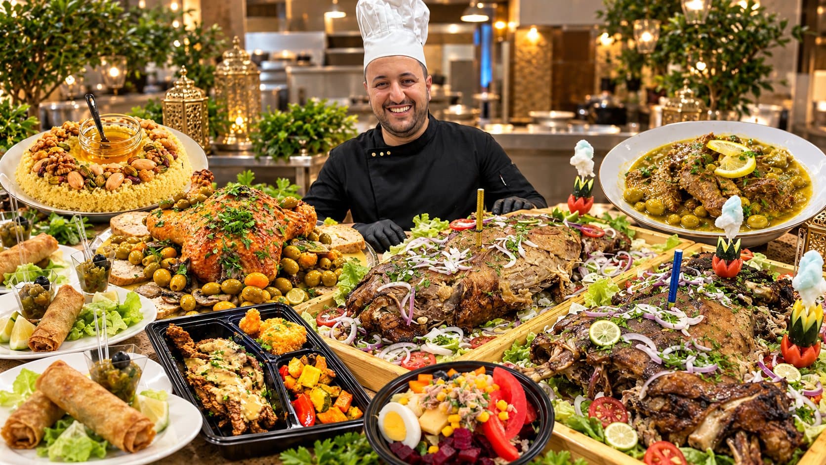 Un chef souriant derrière une table de méchoui, poulet aux olives, couscous aux fruits secs et coffrets repas.